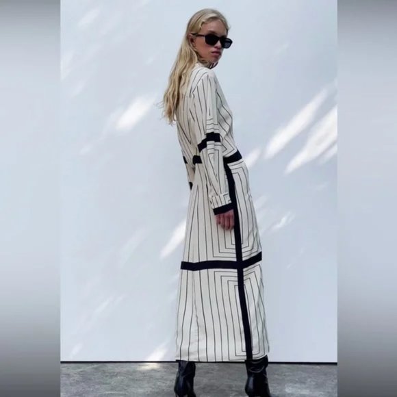 Zara White Black Stripe Long Sleeve Midi Dress Size XS - Picture 8 of 8